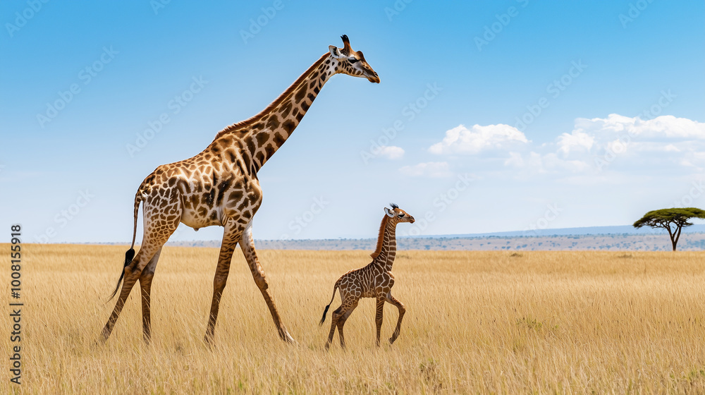 Obraz premium Mother Giraffe Walking Alongside Her Baby Calf Through the African Savannah