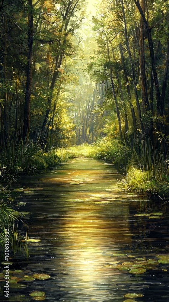 Obraz premium A serene river in the forest, surrounded by tall trees and reeds