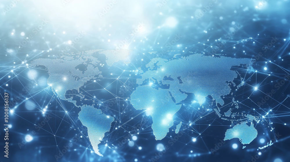 Fototapeta premium The digital world map on a light blue background displays global network connectivity and technological advancements. Reflect the concept of connecting modern economies through generative AI.