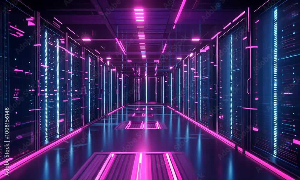 A long hallway with rows of server racks in a dark data center with blue and pink lights. A long hallway with rows of server racks in a dark data center with blue and pink lights.