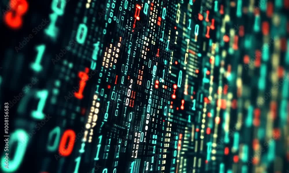 Abstract background of digital binary code with glowing numbers in blue, green, red and white on black background.