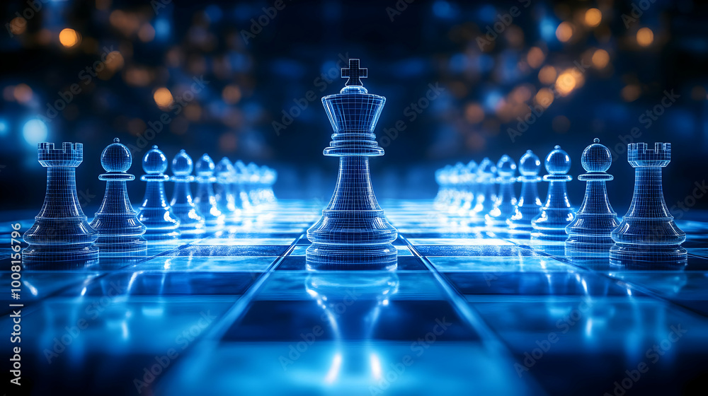 A Wireframe King Chess Piece Standing Tall on a Blue Glowing Chessboard A Wireframe King Chess Piece Standing Tall on a Blue Glowing Chessboard