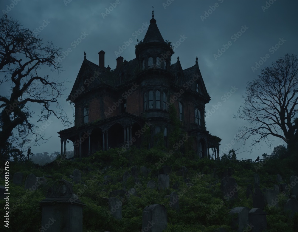Creepy Abandoned Halloween Manor. Ghostly Figures and Fog Surrounding a Crumbling Abandoned Manor at Night Creepy Abandoned Halloween Manor. Ghostly Figures and Fog Surrounding a Crumbling Abandoned Manor at Night