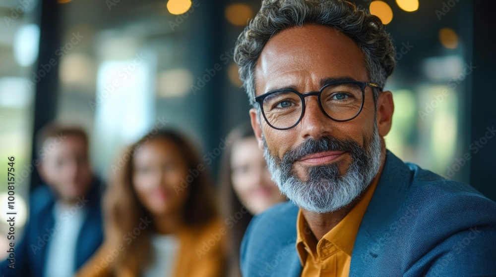 Smiling hispanic man in business casual outfit with colleagues in office meeting Smiling hispanic man in business casual outfit with colleagues in office meeting
