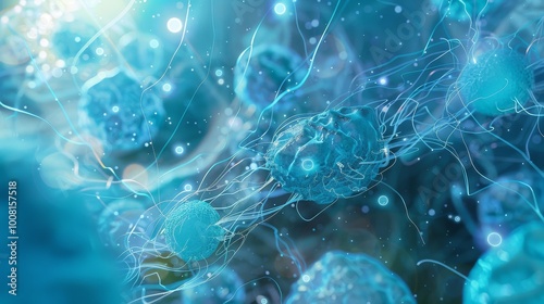 A high-resolution medical illustration of hair follicles and fat cells, showing the intricate relationship between them. Clean, professional layout, soft blue lighting with a futuristic medical backgr