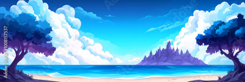 A digital illustration of a blue sky with fluffy white clouds over a beautiful ocean with a rocky mountain island in the distance.