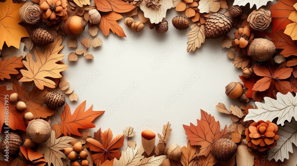 Autumn leaf frame with acorns and nuts, paper cutout art surrounding a white space in the center, perfect for text or design. Seasonal, nature-inspired, and decorative fall concept. Autumn leaf frame with acorns and nuts, paper cutout art surrounding a white space in the center, perfect for text or design. Seasonal, nature-inspired, and decorative fall concept.