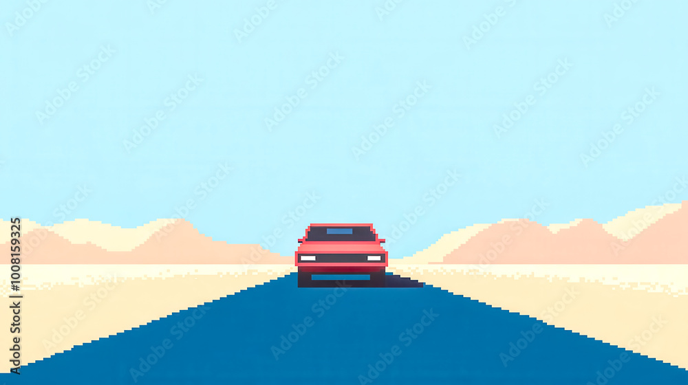 Fototapeta premium Red pixel art car driving on a desert road