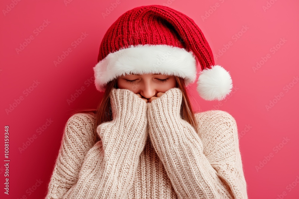 Woman wearing a red hat and a white sweater. She is shivering and has her hands in her pockets. Person wearing a festive red Santa hat and cozy sweater, celebrating spirit of Christmas in a modern