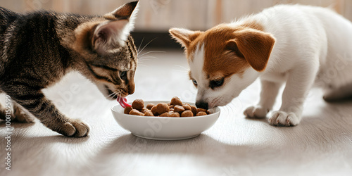 Pets Sharing Meal – Cat and Dog at Feeding Time