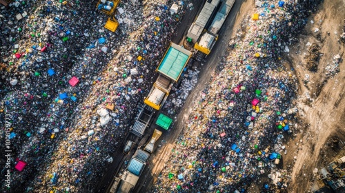 Aerial View of Garbage Trucks in a Landfill with Plastic Waste photo