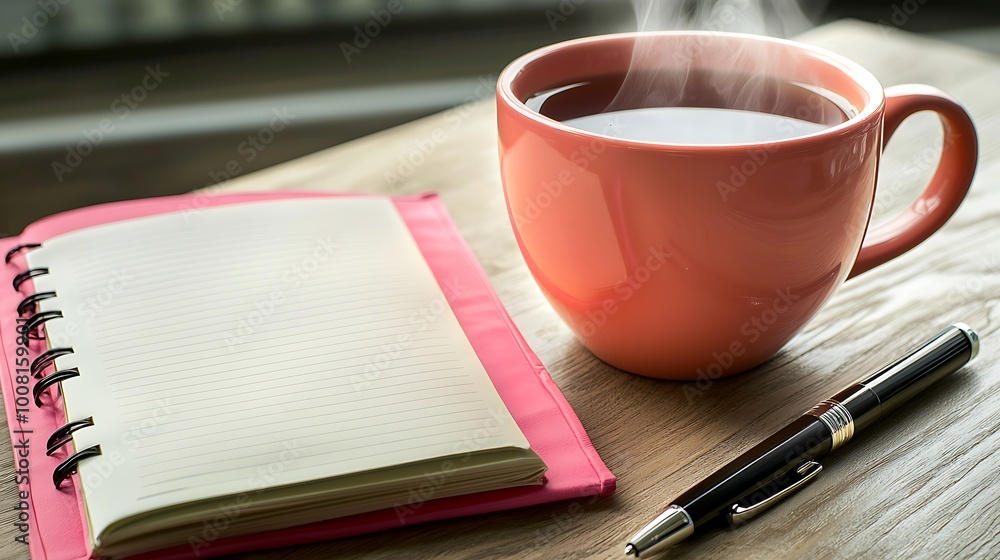 Hot Drink Notebook Pen Wooden Table Writing Supplies Morning Coffee Relaxing Break Hot Drink Notebook Pen Wooden Table Writing Supplies Morning Coffee Relaxing Break
