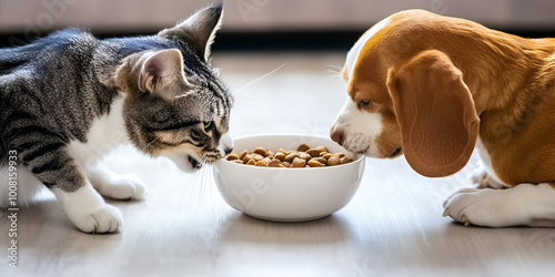 Pets Sharing Meal – Cat and Dog at Feeding Time