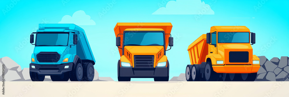 Three dump trucks lined up, ready for work. Three dump trucks lined up, ready for work.