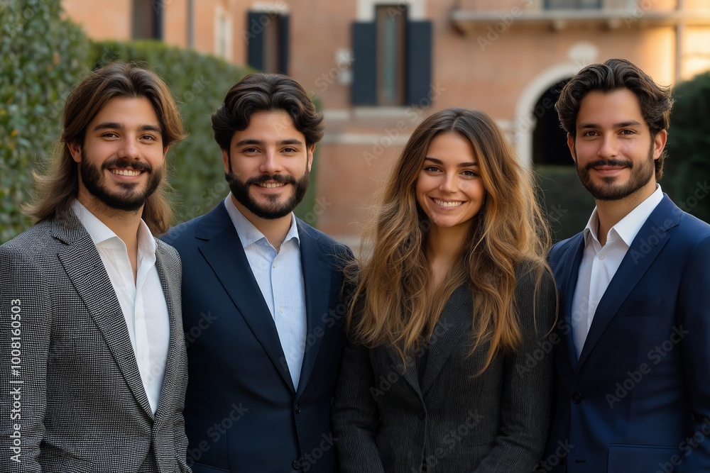 Four people are standing together in suits. Two of them are women and two are men. They are all smiling Four people are standing together in suits. Two of them are women and two are men. They are all smiling