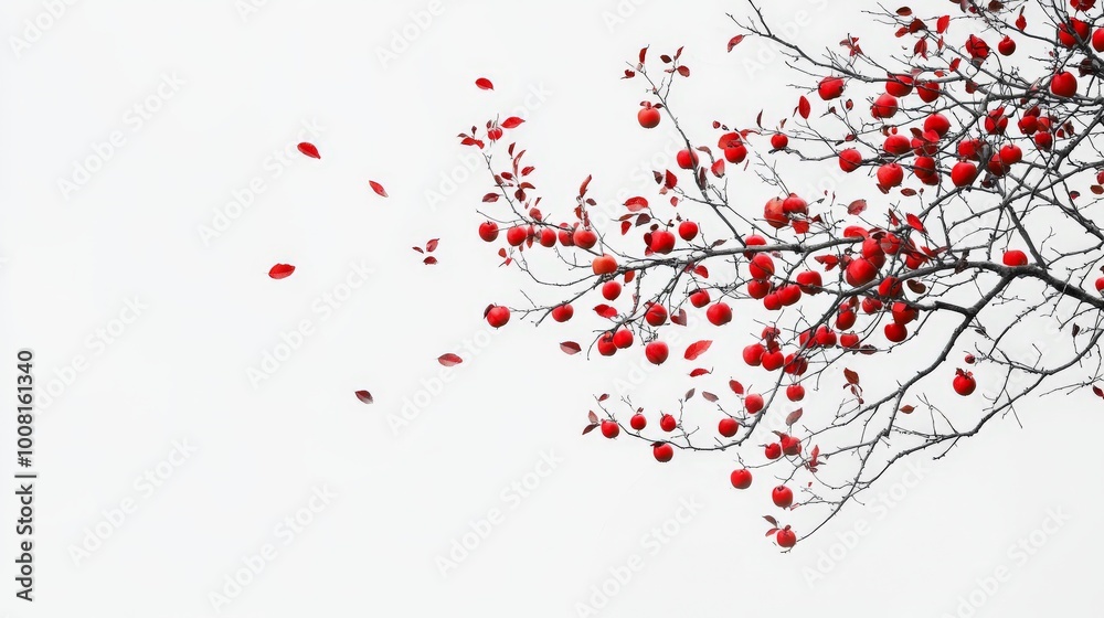 Red Berries on Tree Branch Against White Sky Red Berries on Tree Branch Against White Sky