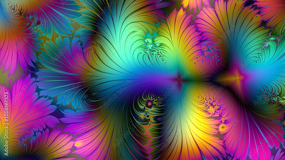 Explosion of spectral colors in motion, creativity and imagination, abstract fractal flowers