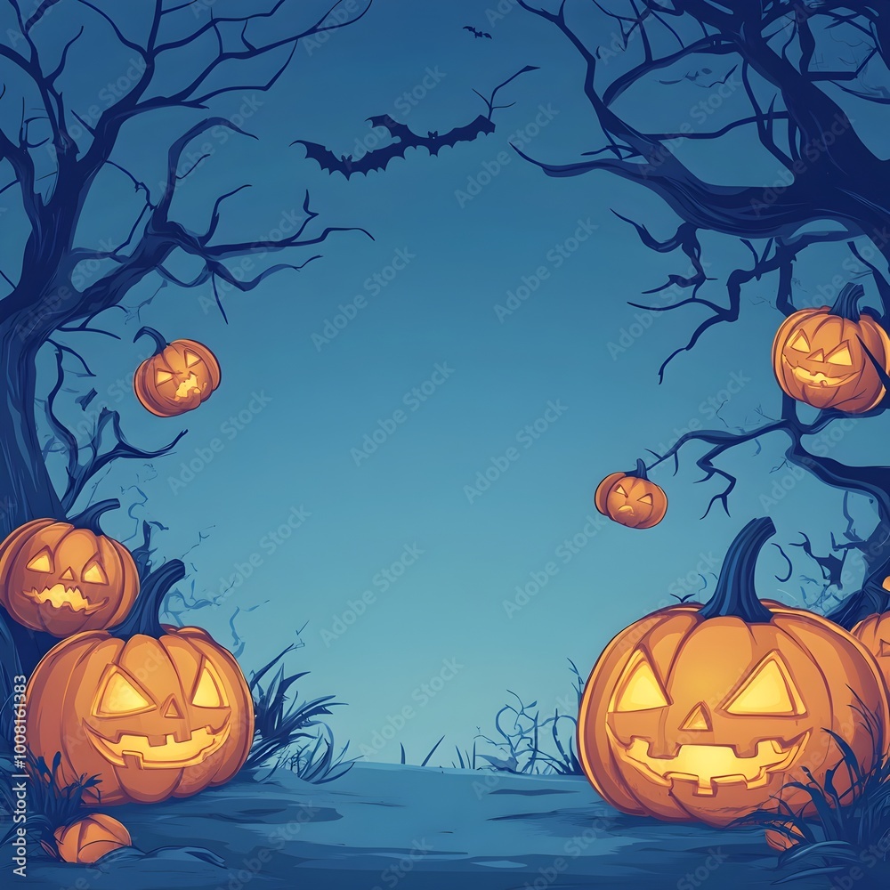 Spooky Halloween Landscape with Pumpkin Lanterns and Bats in the Moonlit Night Spooky Halloween Landscape with Pumpkin Lanterns and Bats in the Moonlit Night