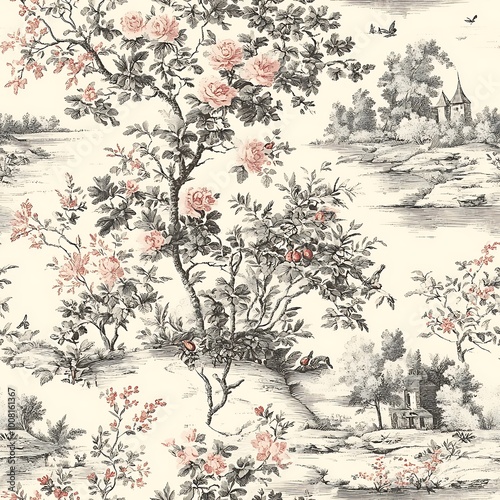 Traditional Toile de Jouy Seamless Floral Pattern