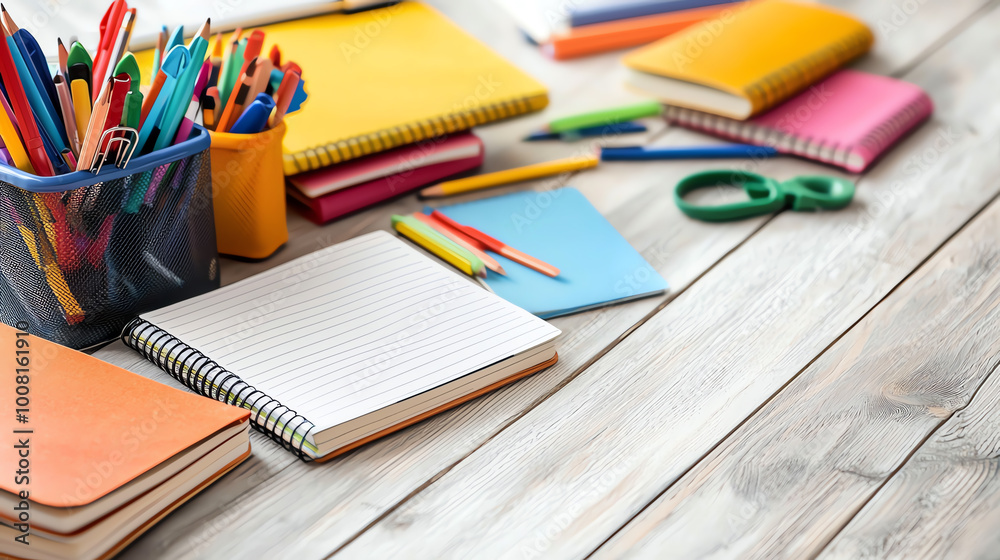 Colorful stationery supplies on a wooden desk, perfect for school or creative projects. Colorful stationery supplies on a wooden desk, perfect for school or creative projects.