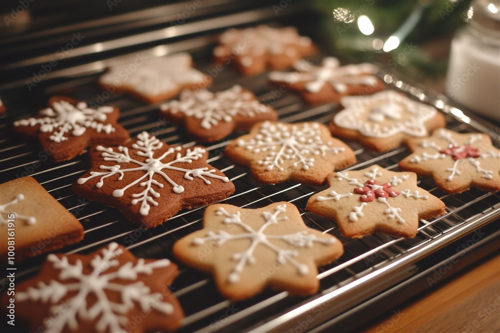 Christmas cookies with white icing cool on a rack, creating a cozy kitchen atmosphere. Homemade treats perfect for holiday joy and togetherness. Sweet tradition adds magic to winter celebrations Christmas cookies with white icing cool on a rack, creating a cozy kitchen atmosphere. Homemade treats perfect for holiday joy and togetherness. Sweet tradition adds magic to winter celebrations