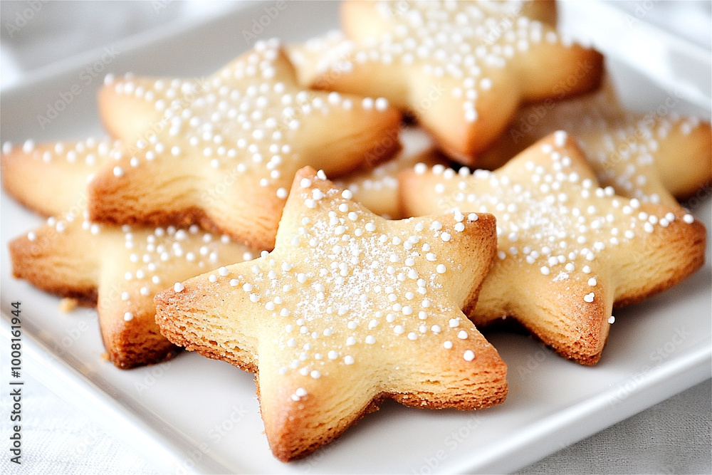 Delicious christmas cookies sprinkled with icing sugar are resting on a white plate