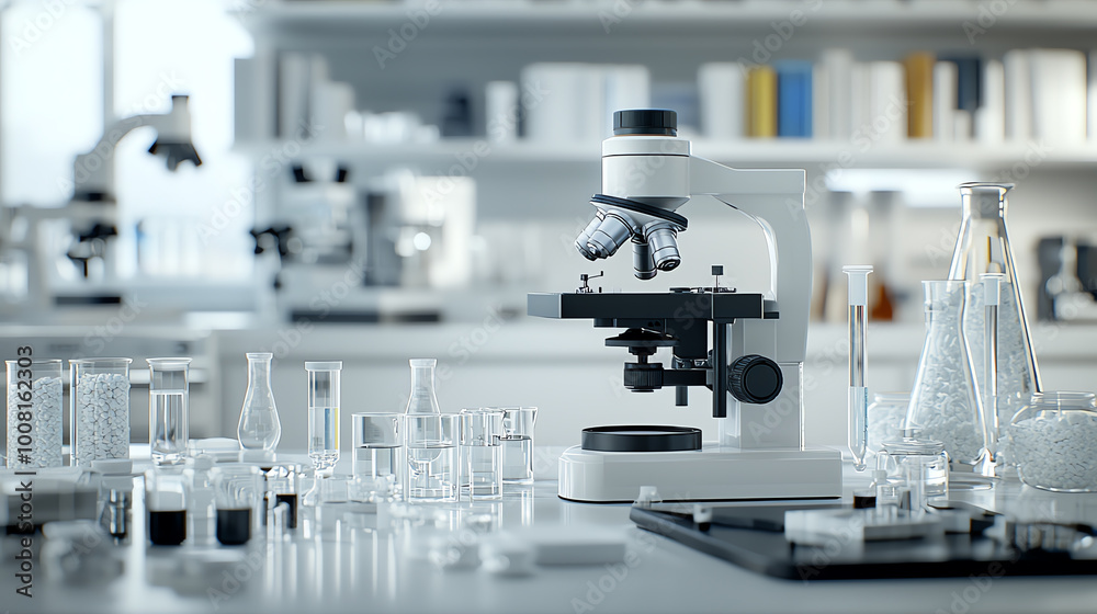 Microscope and laboratory glassware on a clean workspace. Microscope and laboratory glassware on a clean workspace.