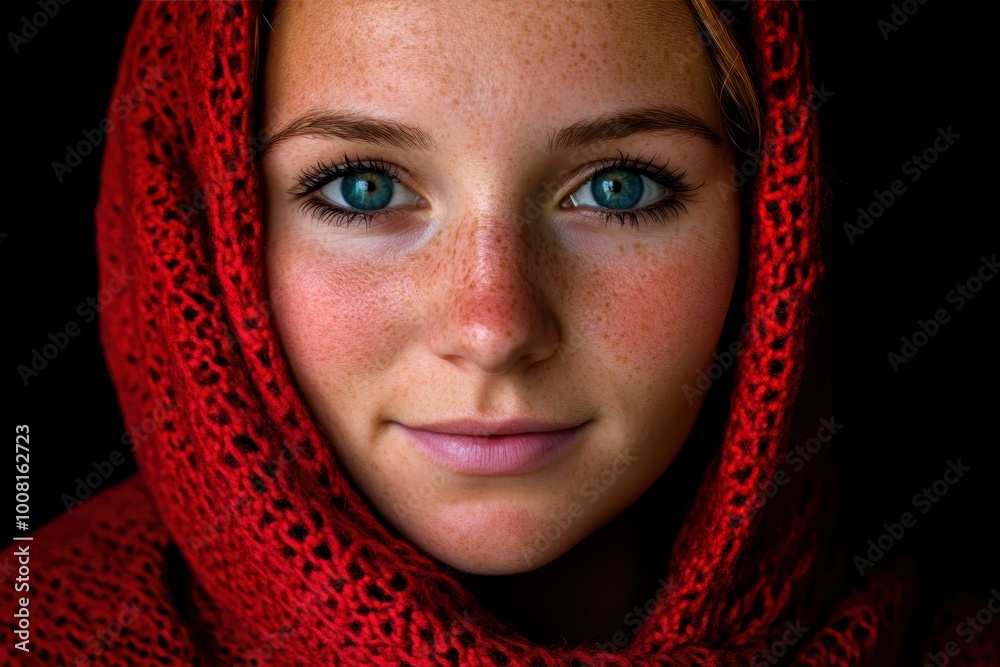 Serene gaze of young woman with striking blue eyes red scarf