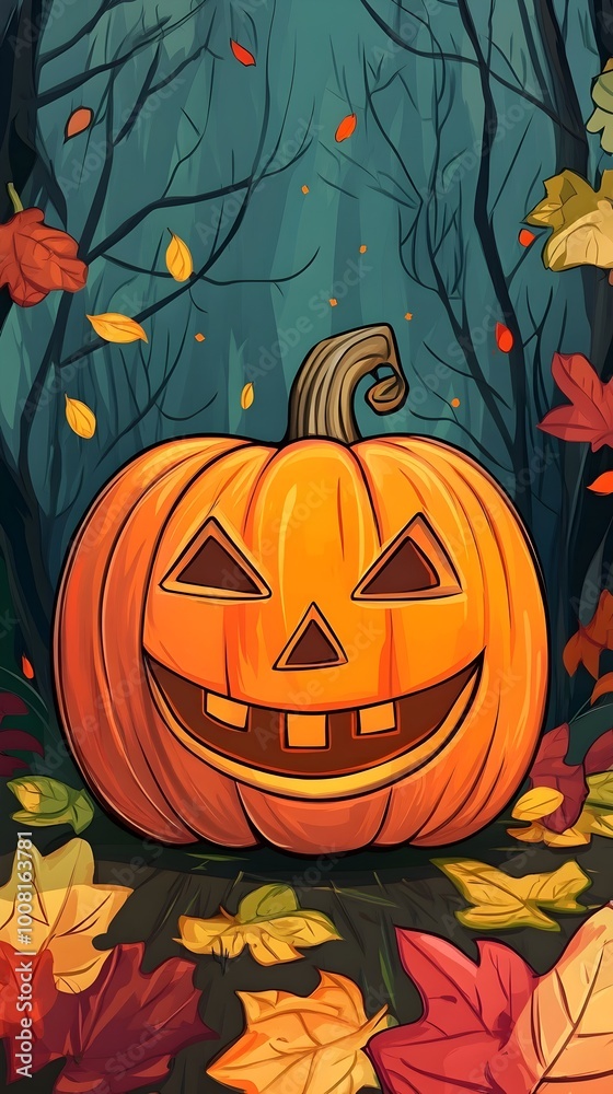 Spooky and Cute Cartoon Halloween Pumpkin Lantern in Autumn Forest Backdrop Spooky and Cute Cartoon Halloween Pumpkin Lantern in Autumn Forest Backdrop