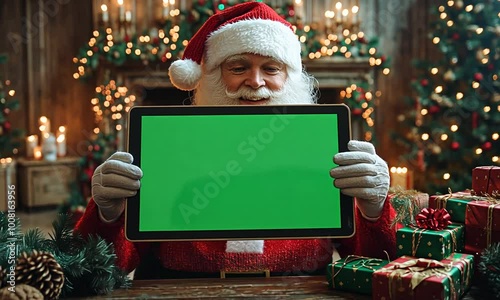 Santa Claus Holding a Green Screen Tablet