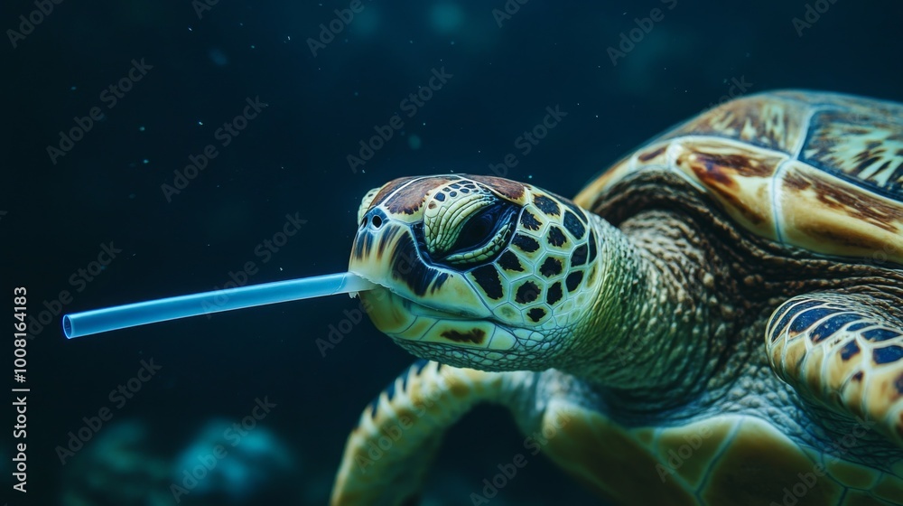Fototapeta premium Sea Turtle Caught in Plastic Straw