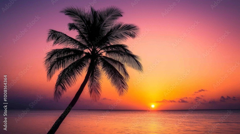 Silhouetted Palm Tree Against Vibrant Sunset Over Ocean Silhouetted Palm Tree Against Vibrant Sunset Over Ocean