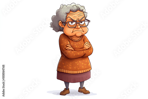 cartoon character old angry funny woman standing Isolated On white ,illustration