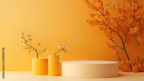 3d render of minimal product display podium with autumn trees and leaves background,Cosmetic product podium, branding and packaging presentation
