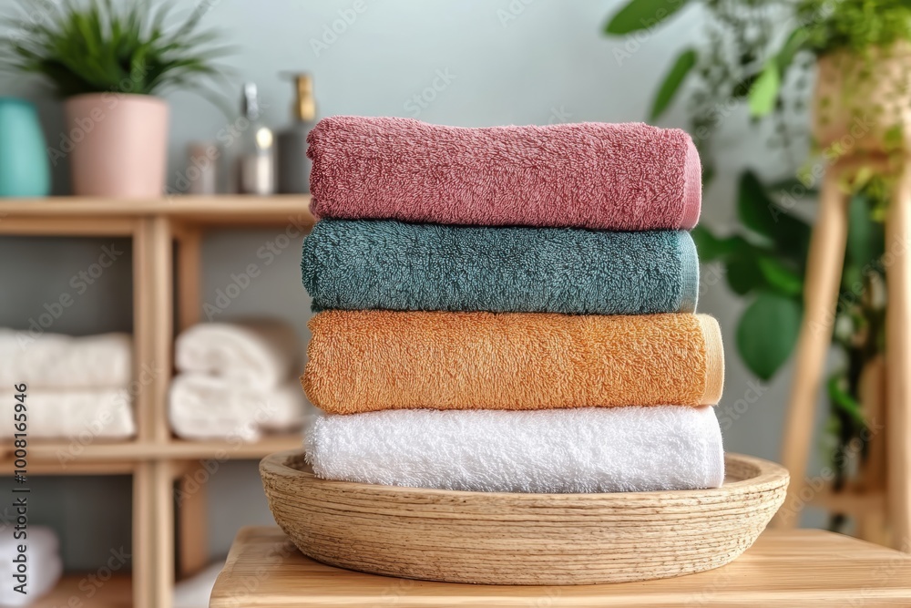 Stack of colorful towels in cozy bathroom interior
