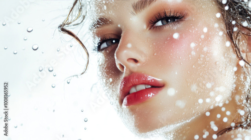 Fresh-faced woman with dewy skin, perfect for beauty and wellness campaigns. photo