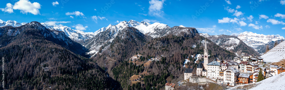 Panorama of Dolomires with Pieve di Livinallongo viilage in Italy