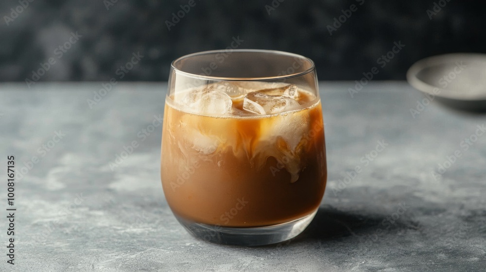 An iced coffee in a transparent round glass , gray background An iced coffee in a transparent round glass , gray background