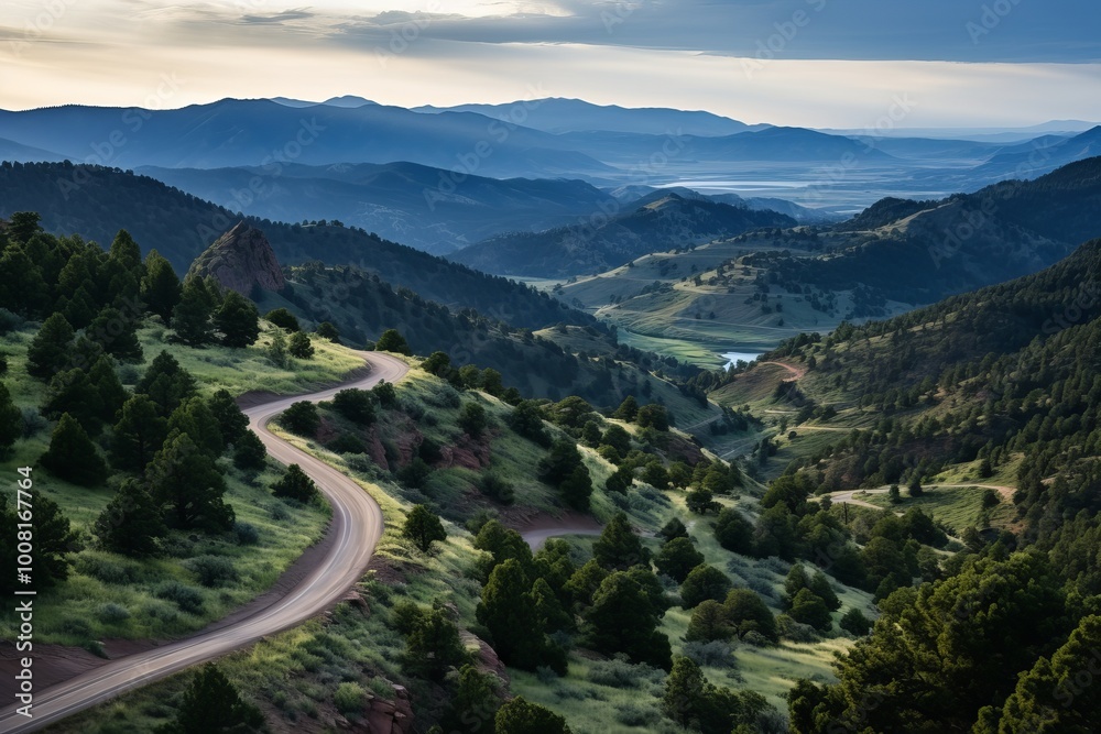 Scenic mountain landscape with winding road and valley at dawn in a tranquil national park Scenic mountain landscape with winding road and valley at dawn in a tranquil national park