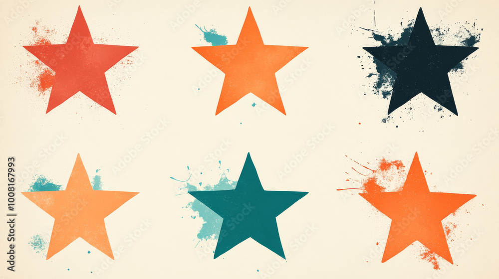 Six colorful stars on a white background with splattered paint. Six colorful stars on a white background with splattered paint.