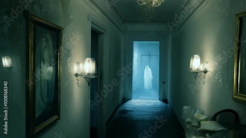 A dark and eerie hallway in an old house with a ghostly figure standing at the end.