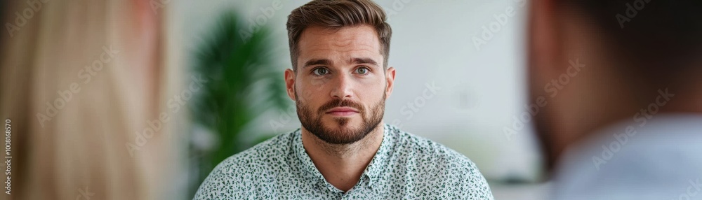 man with thoughtful expression is engaged in conversation, surrounded by blurred figures, suggesting serious discussion. setting appears modern and professional man with thoughtful expression is engaged in conversation, surrounded by blurred figures, suggesting serious discussion. setting appears modern and professional