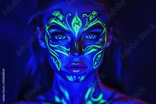 Enchanting ultraviolet body art on mysterious woman