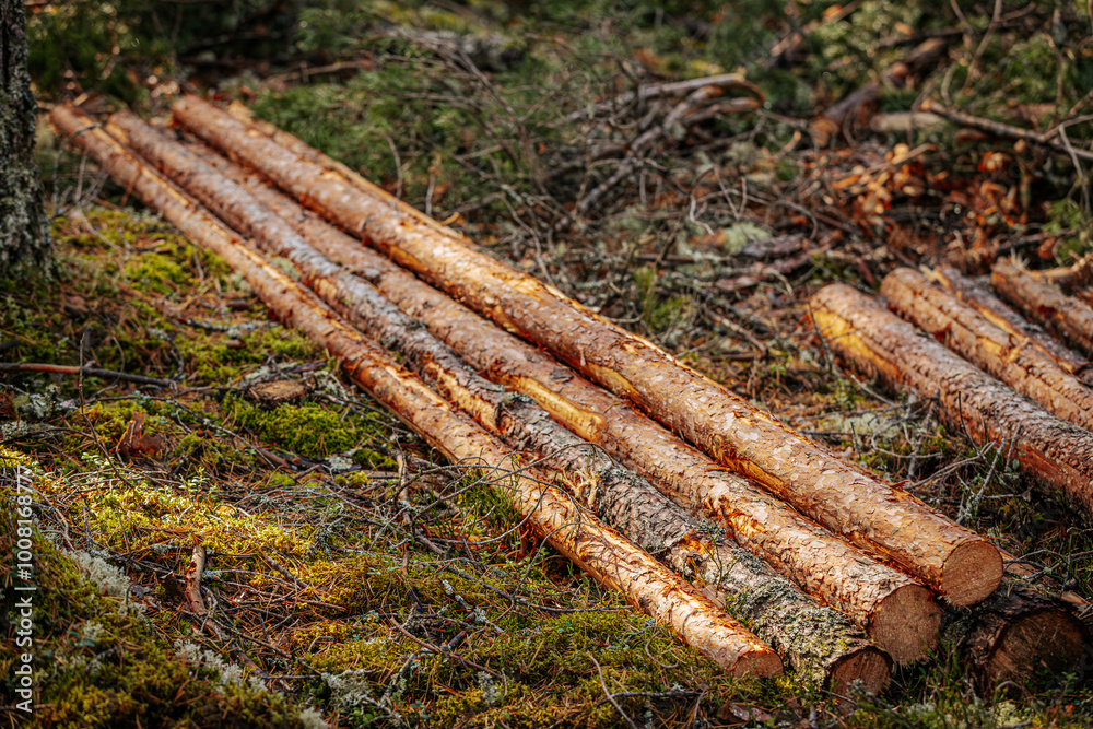A close-up of freshly cut pine logs stacked on the forest floor. The rich, natural texture of the bark and wood is highlighted by warm light, while surrounding moss and twigs add to the rustic A close-up of freshly cut pine logs stacked on the forest floor. The rich, natural texture of the bark and wood is highlighted by warm light, while surrounding moss and twigs add to the rustic