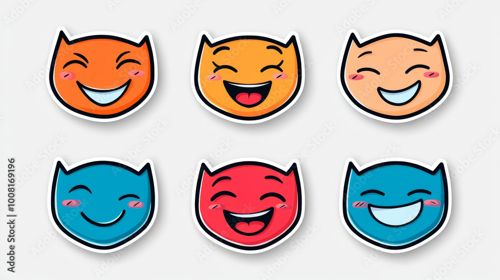 Six cartoon faces with different expressions, all with pointy ears and a happy grin. Six cartoon faces with different expressions, all with pointy ears and a happy grin.