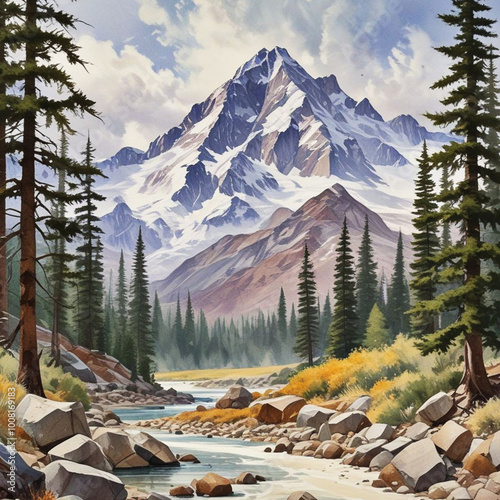 Painting with oil paints. Mountain landscape next with a stream and forest