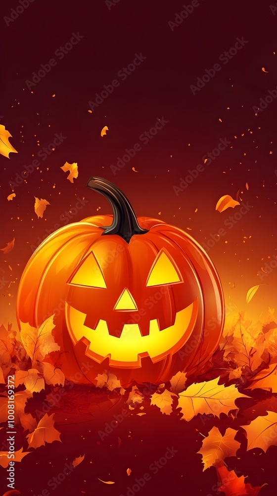 Glowing Jack o Lantern Surrounded by Autumn Leaves in Spooky Halloween Cartoon Background Glowing Jack o Lantern Surrounded by Autumn Leaves in Spooky Halloween Cartoon Background