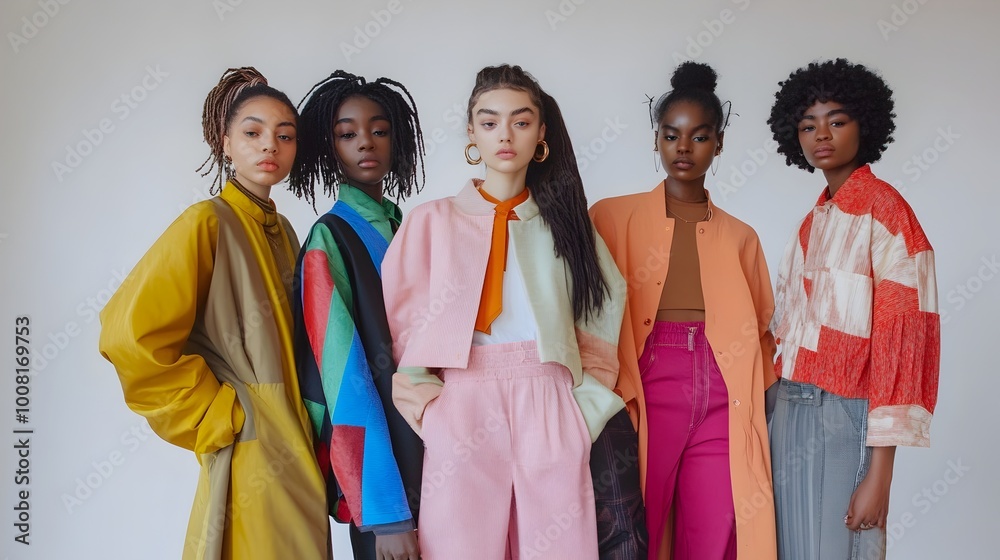 Confident and Stylish Multicultural Models Posing in Vibrant Colorful Fashion Ensemble