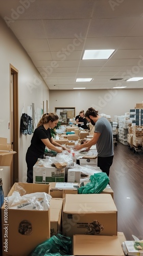 Volunteers Sorting and Packing Donations for Distribution