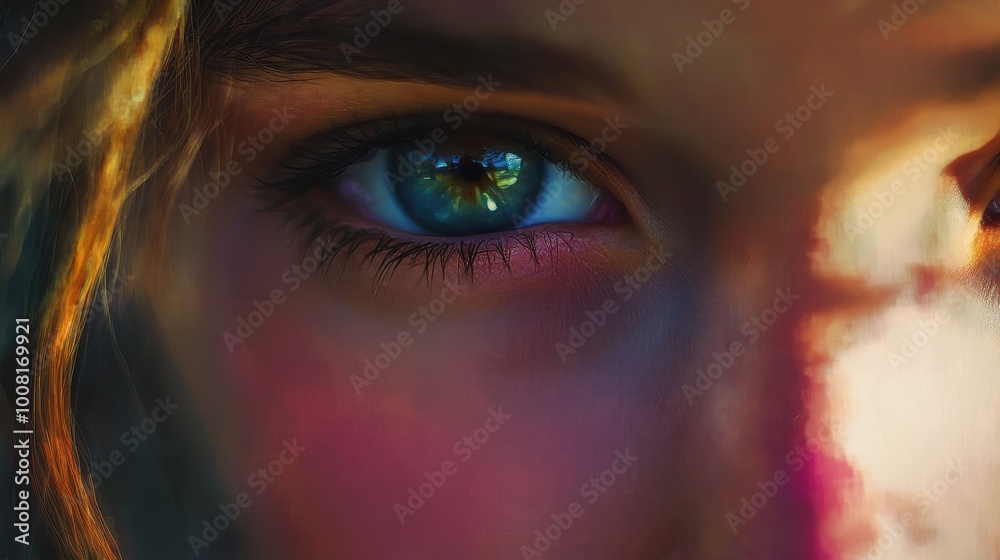 Close-up of a woman's blue eye with long eyelashes and a blurred background